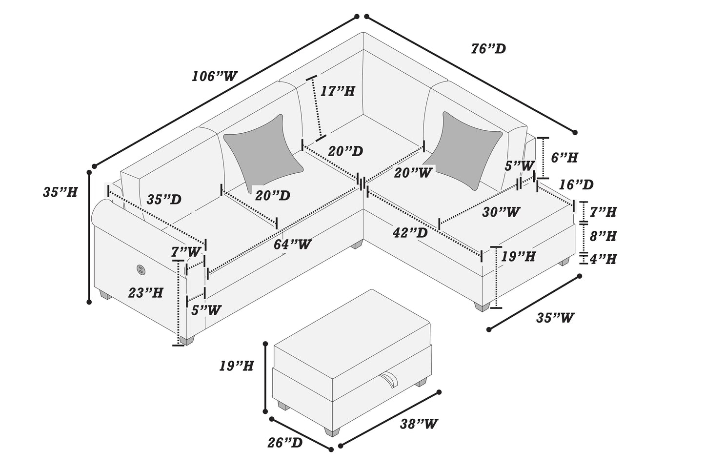 3-Piece Corduroy Sectional with USB & Storage Ottoman – Black | F8300