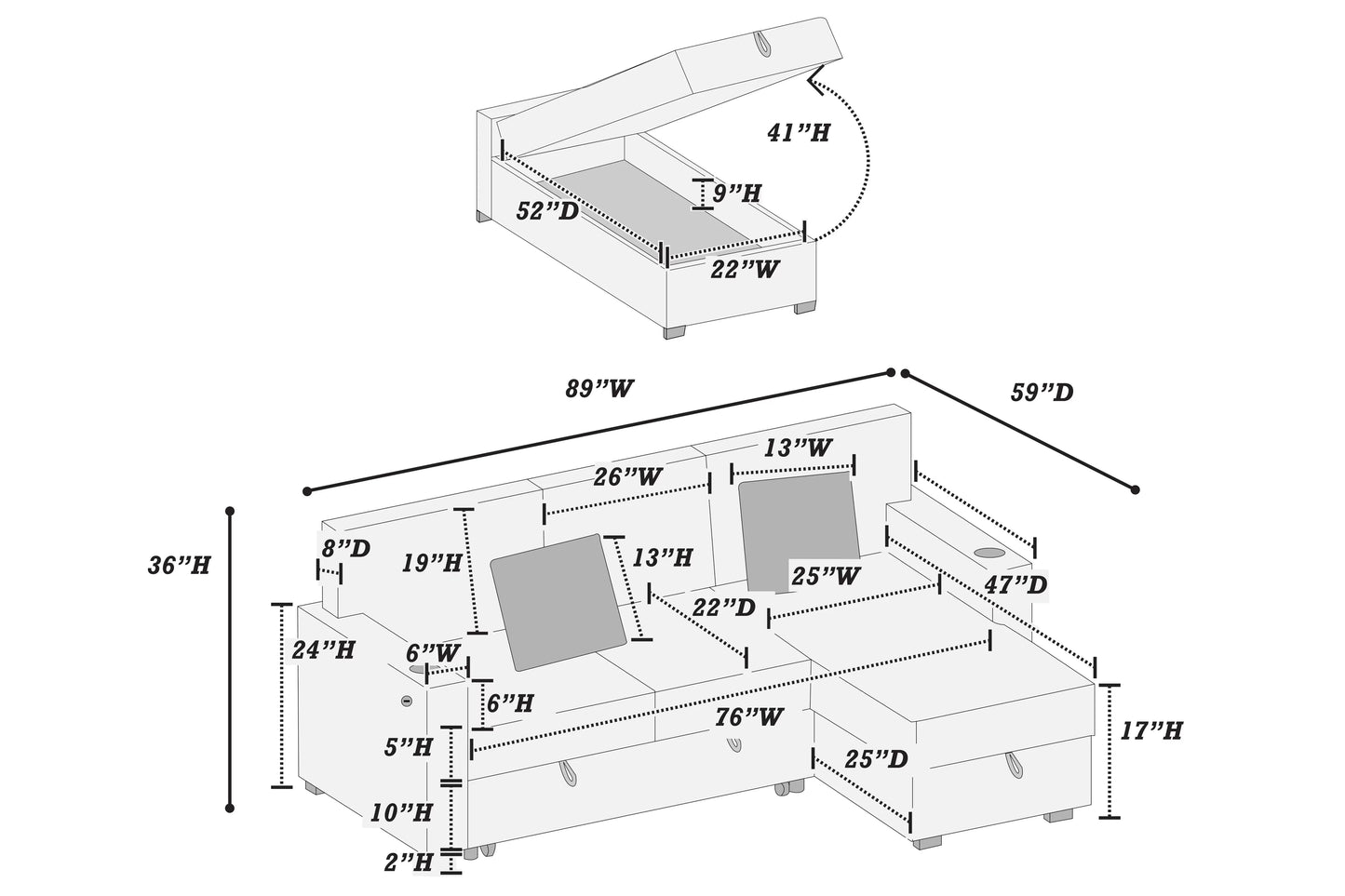 Convertible Sectional Sleeper – Black Corduroy with Storage, Cup Holder & USB F8572