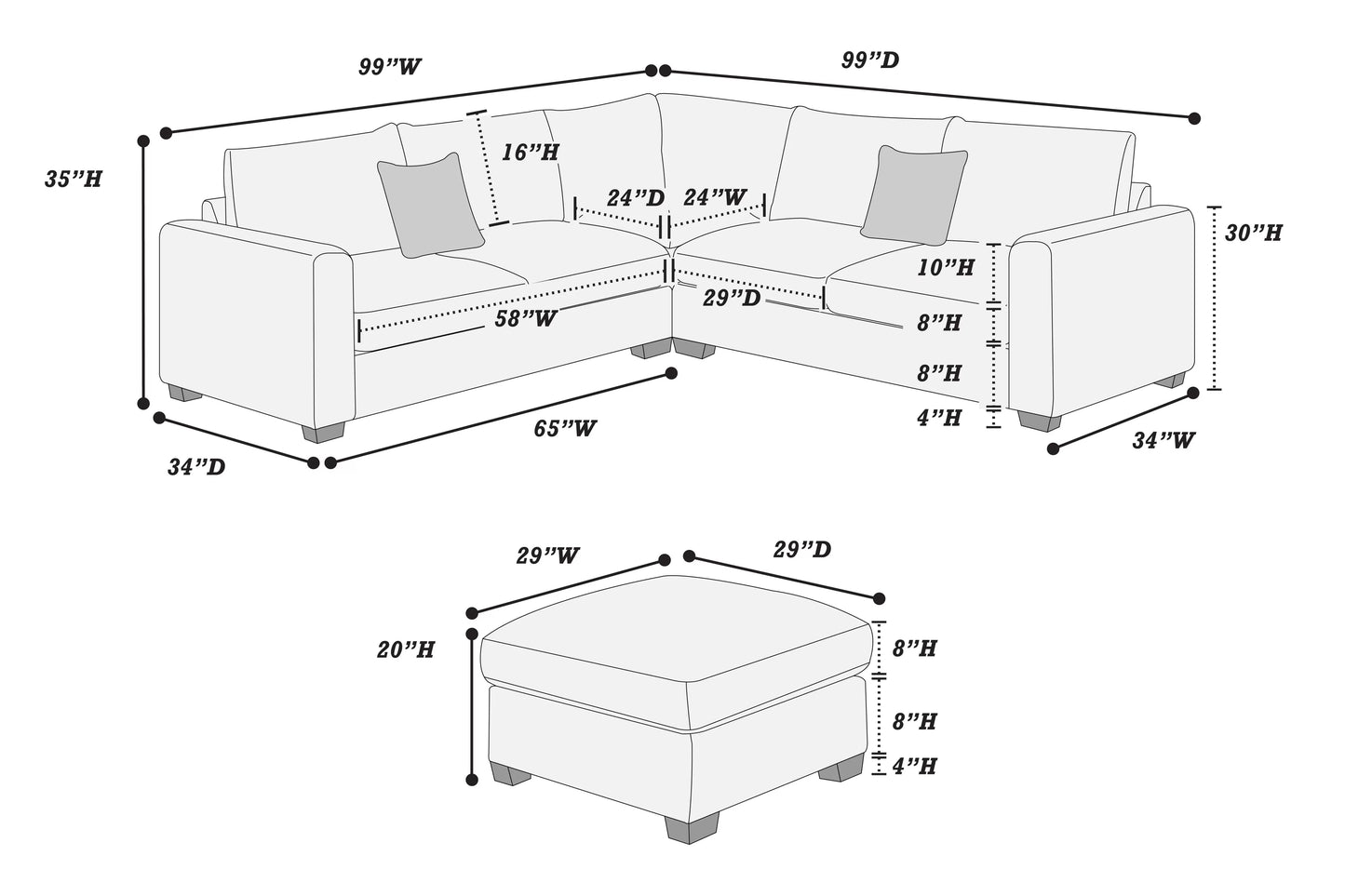 4-Piece Corduroy Sectional with Ottoman – Fog Gray | F8890