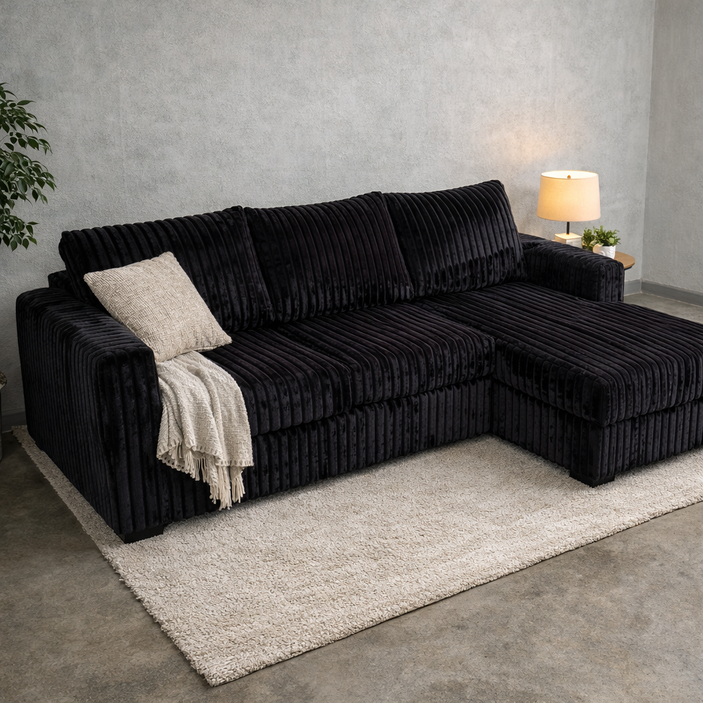 2-Piece Sectional Sofa – Black Fur-Like Corduroy F8325 – Kern