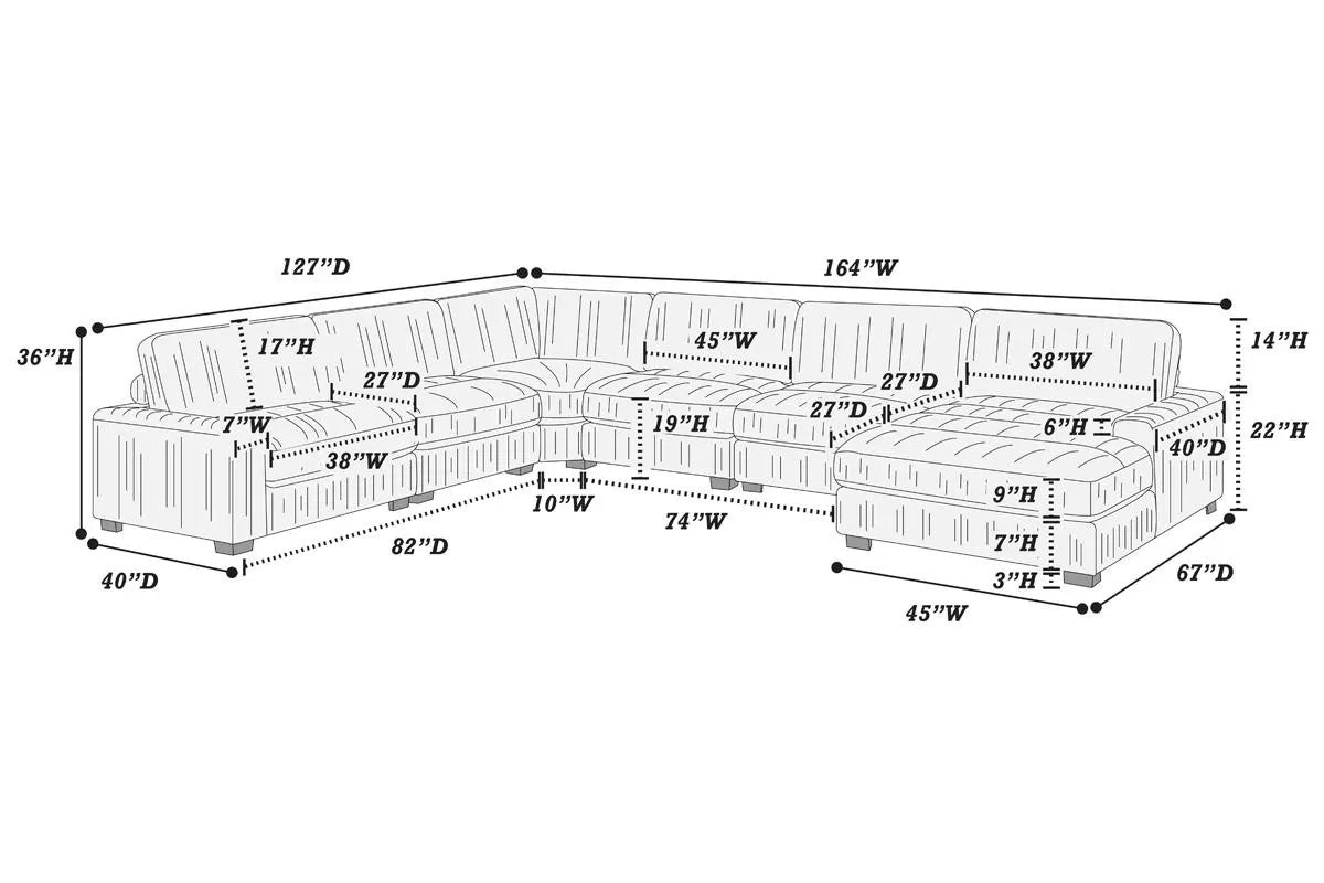 Dimension diagram of the 6-piece set with chaise