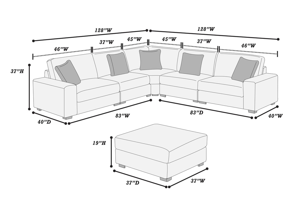 Dimension diagram of the 6-piece set with ottoman