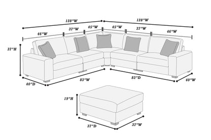 Dimension diagram of the 6-piece set with ottoman