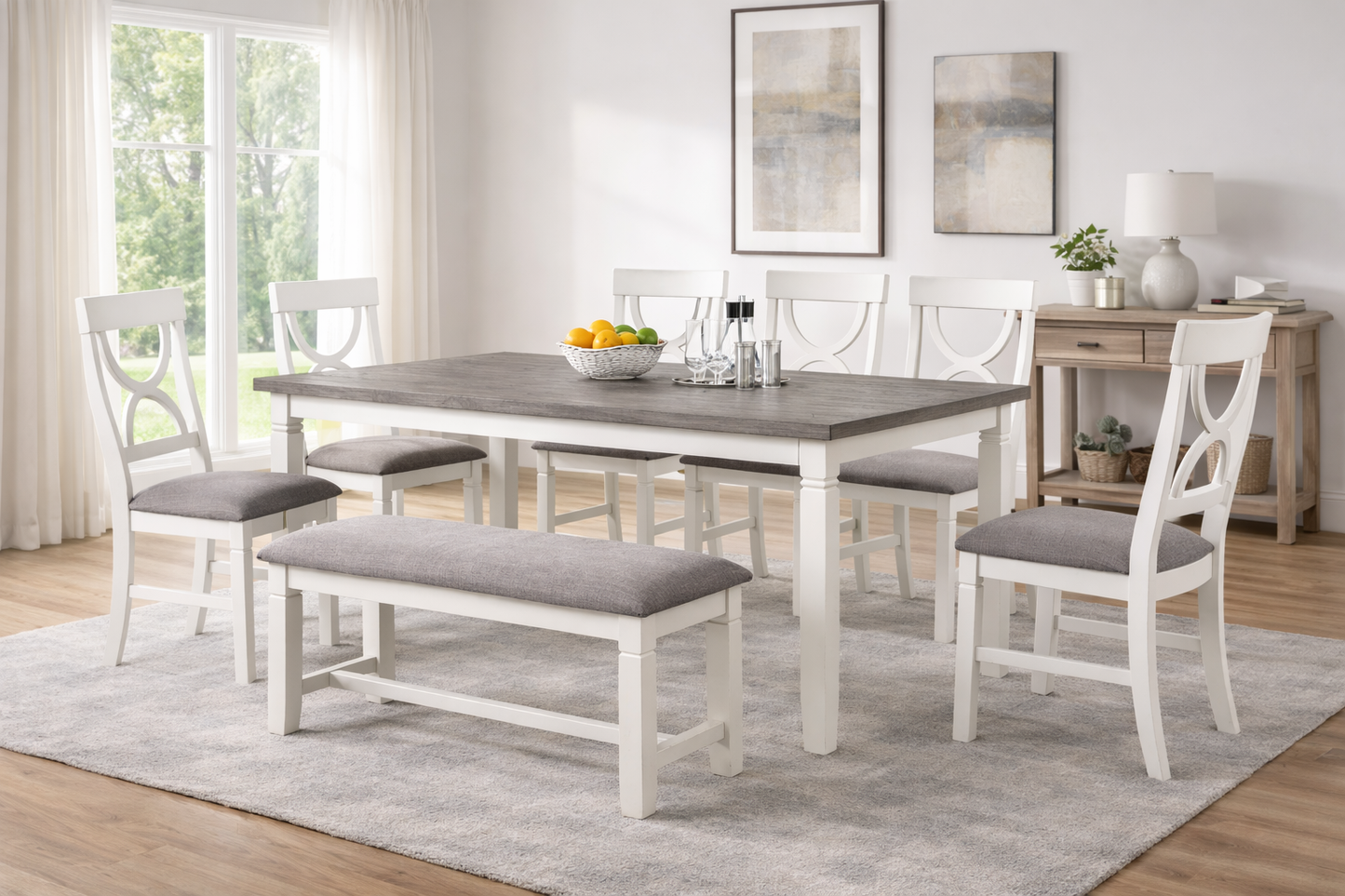 6-Piece Dining Set – White Table, 4 Chairs & Bench F2562