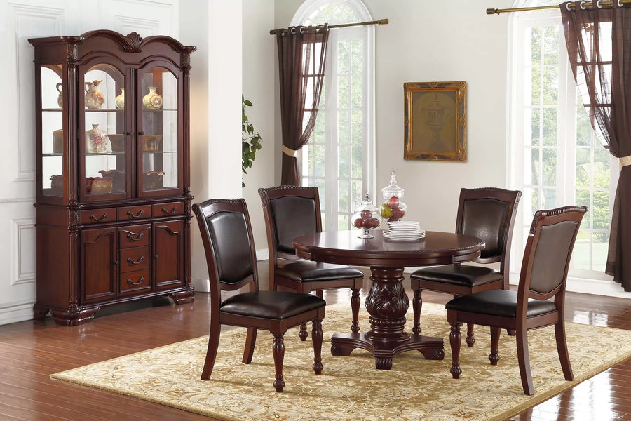 The Clovis Carved Round Dining Set with Buffet & Hutch – 6 Piece