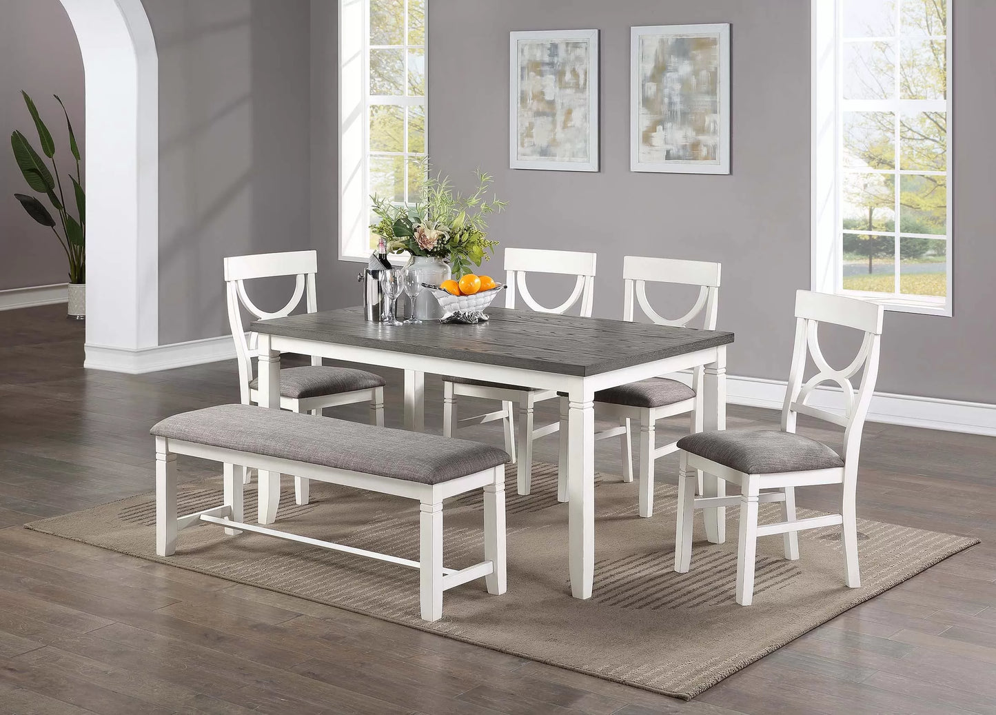 6-Piece Dining Set – White Table, 4 Chairs & Bench F2562