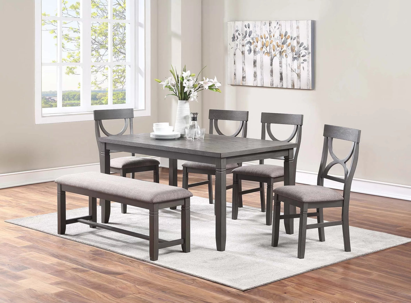 6-Piece Dining Table Set with Bench – Gray F2563