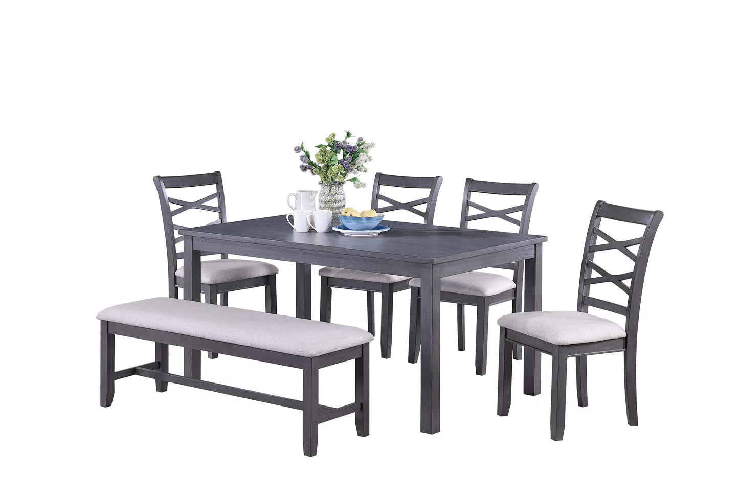 6-Piece Dining Set – Table, 4 Chairs & Bench – Gray | F2623