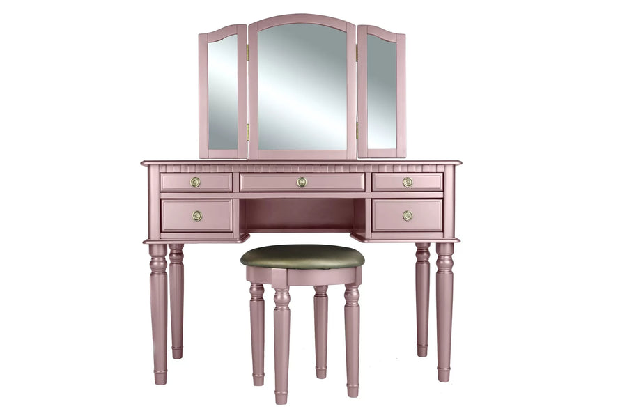 The Giselle Rose Gold Tri-Fold Mirror Vanity Set with Stool