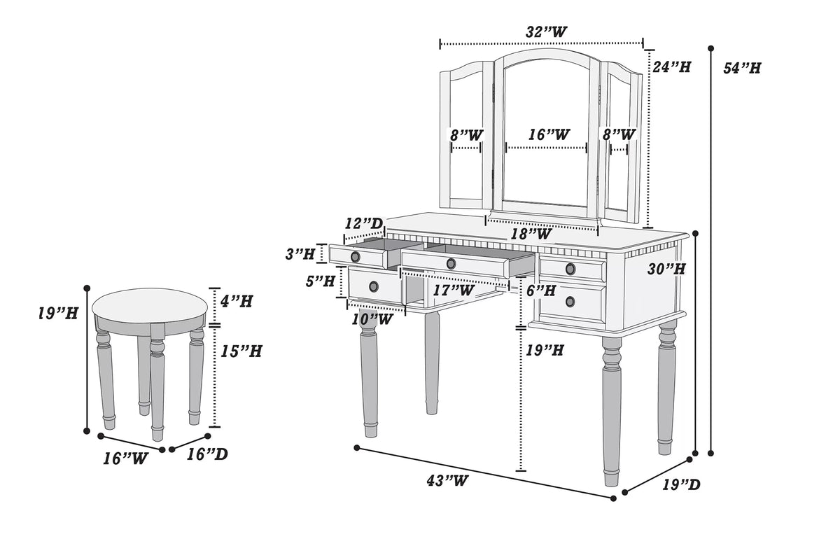 The Giselle Black Tri-Fold Mirror Vanity Set with Stool - view 5