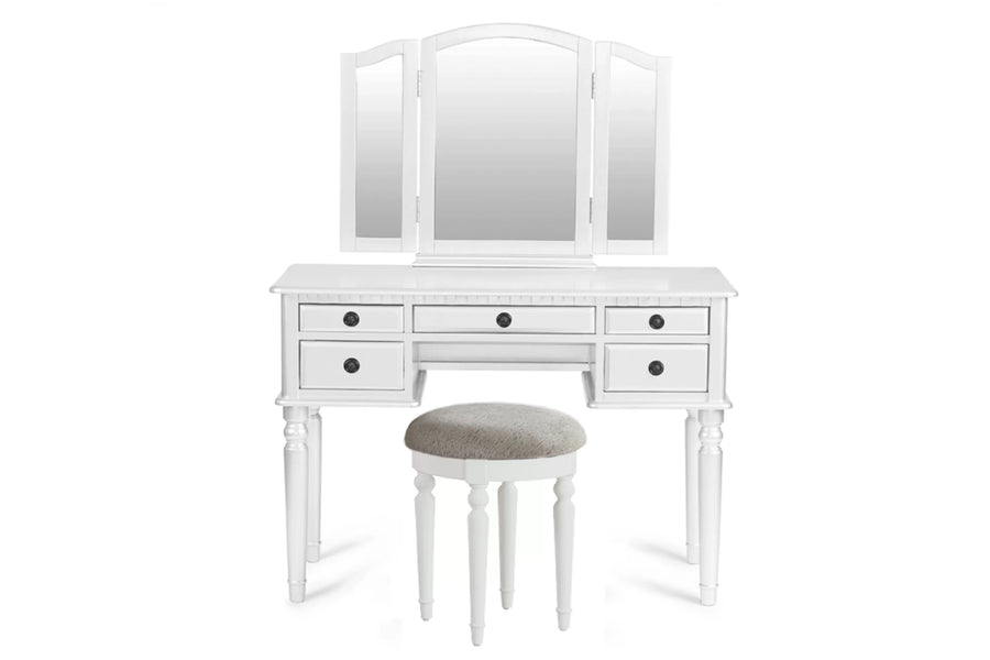 The Giselle White Tri-Fold Mirror Vanity Set with Stool