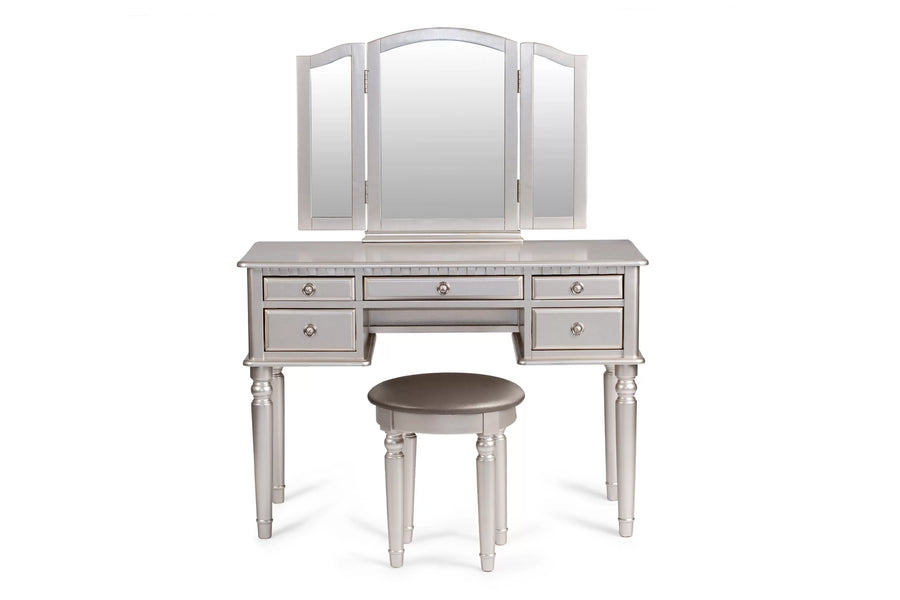 The Giselle Silver Tri-Fold Mirror Vanity Set with Stool