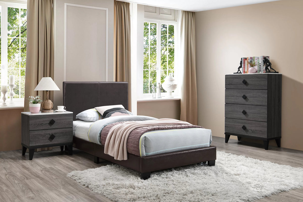 The Mercer Brown Faux Leather Queen Bed Frame, Nightstand & Chest – 3 Piece - view 9