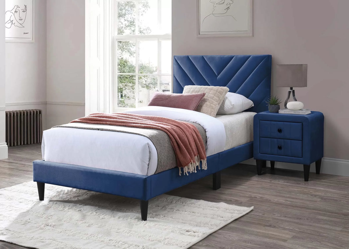 The Harlow Navy Blue Velvet Chevron-Tufted Twin Bed Set – Bed & Nightstand - view 9