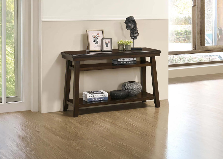 Dark Wood Console Table with Open Shelves