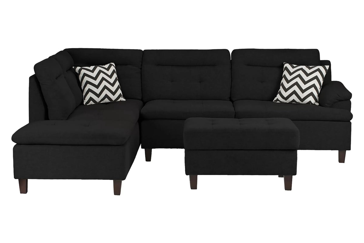 The Holloway Black Linen-Look Sectional with Ottoman – 3 Piece
