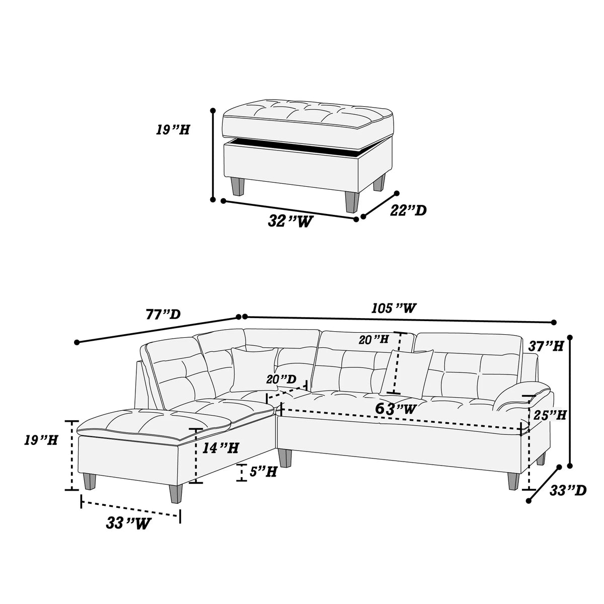 The Holloway Black Linen-Look Sectional with Ottoman – 3 Piece