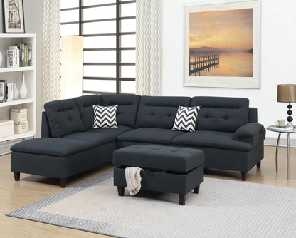 The Holloway Black Linen-Look Sectional with Ottoman – 3 Piece