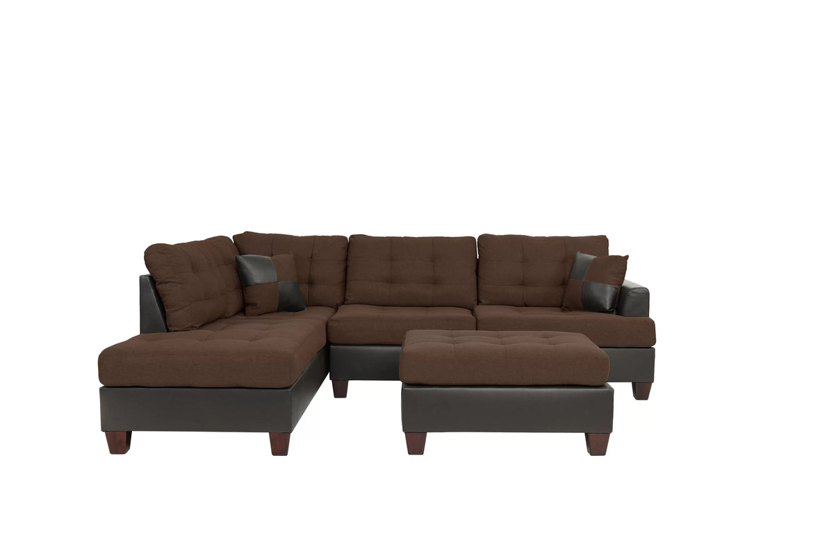 The Blackwell Chocolate Linen-Look Reversible Sectional with Ottoman – 3 Piece