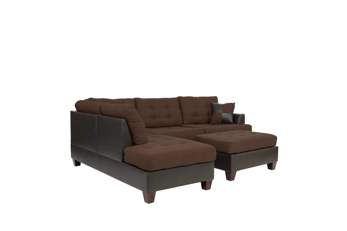 The Blackwell Chocolate Linen-Look Reversible Sectional with Ottoman – 3 Piece