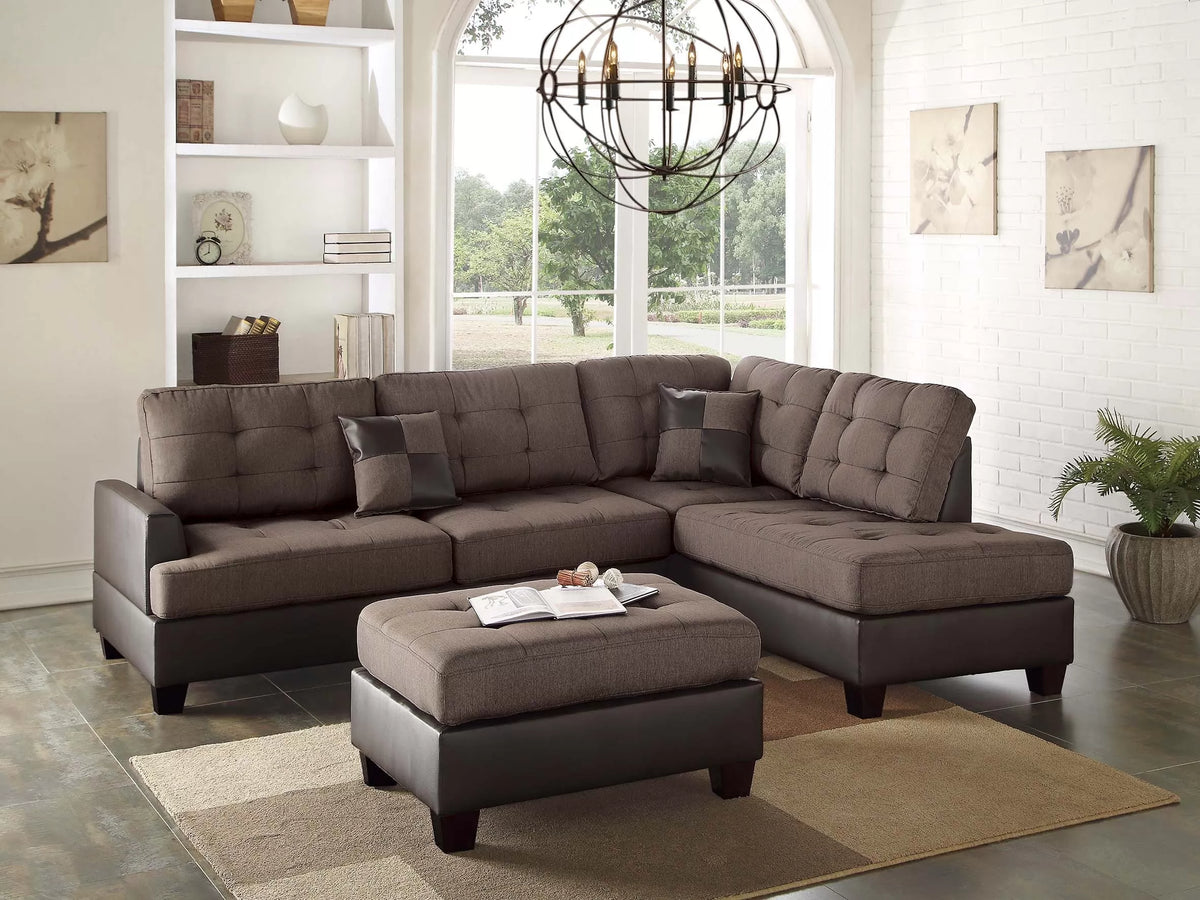 The Blackwell Chocolate Linen-Look Reversible Sectional with Ottoman – 3 Piece