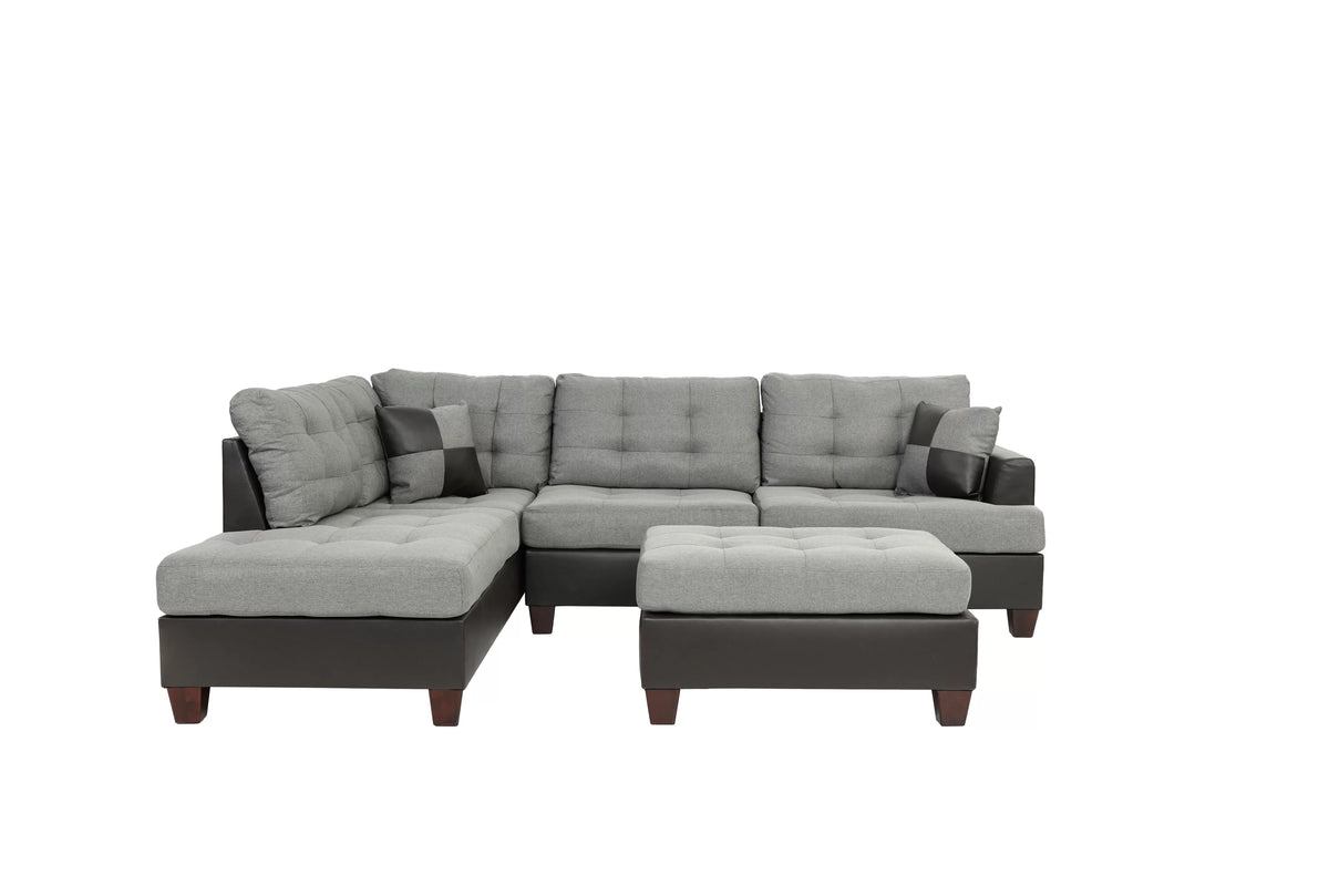 The Blackwell Gray Linen-Look Reversible Sectional with Ottoman – 3 Piece