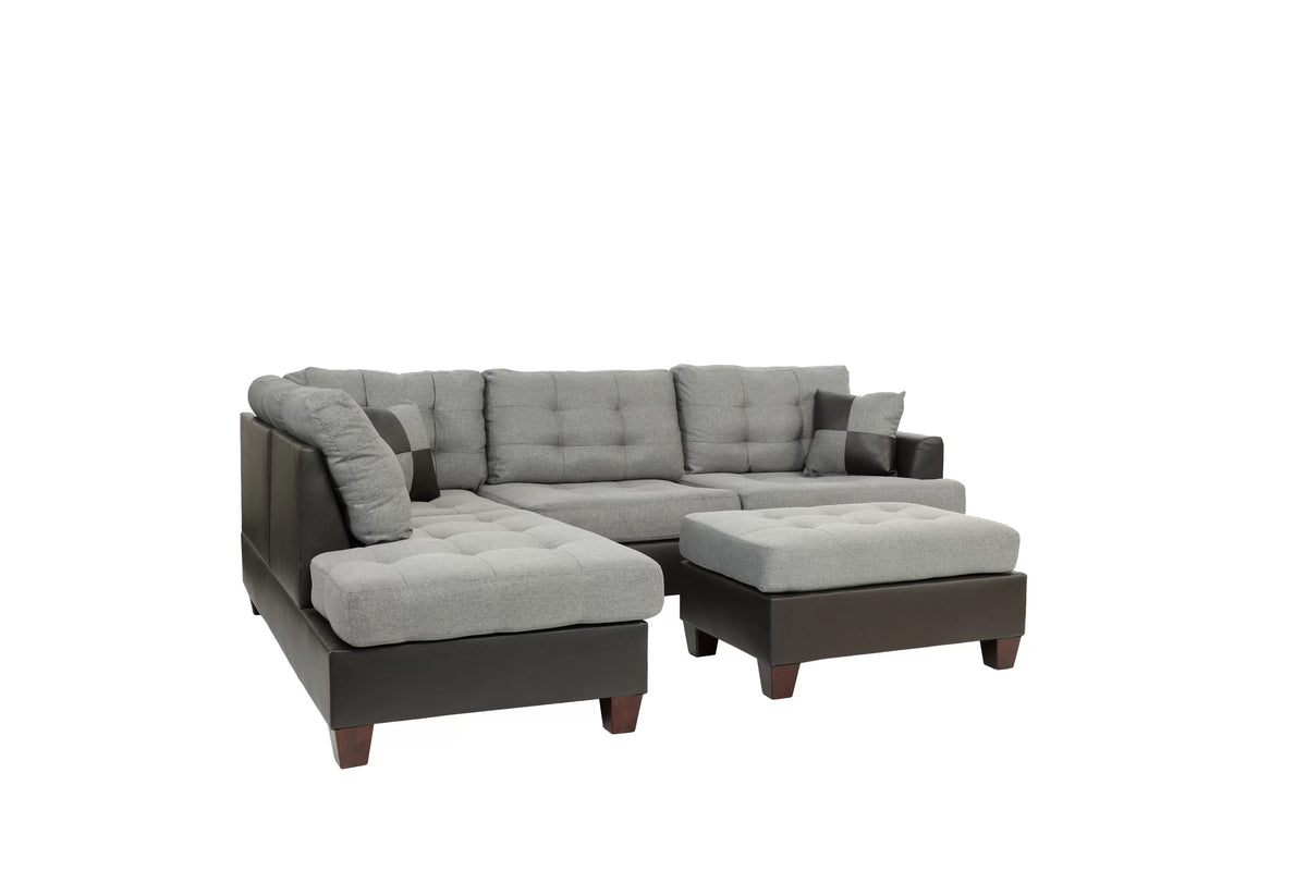 The Blackwell Gray Linen-Look Reversible Sectional with Ottoman – 3 Piece
