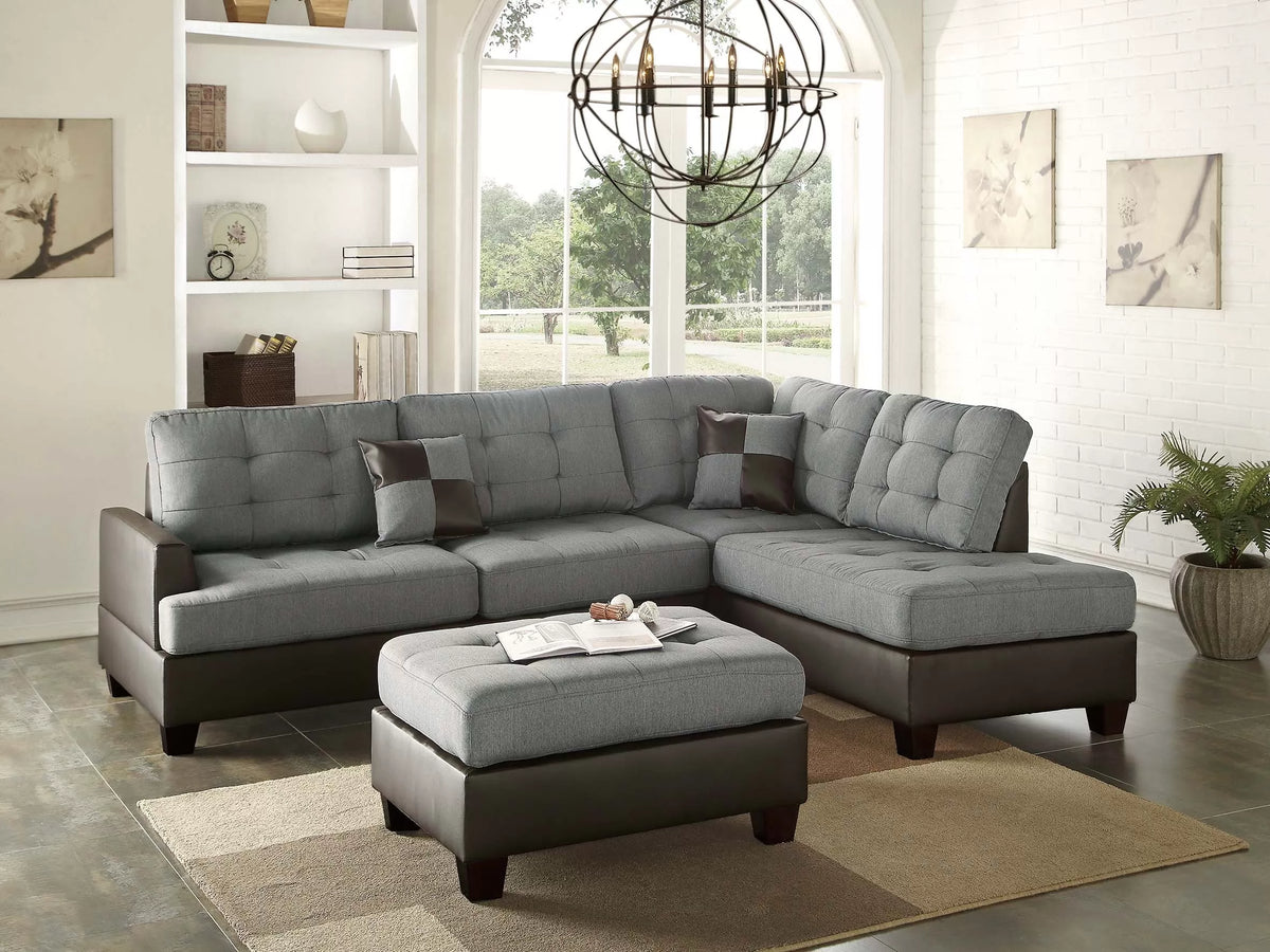 The Blackwell Gray Linen-Look Reversible Sectional with Ottoman – 3 Piece