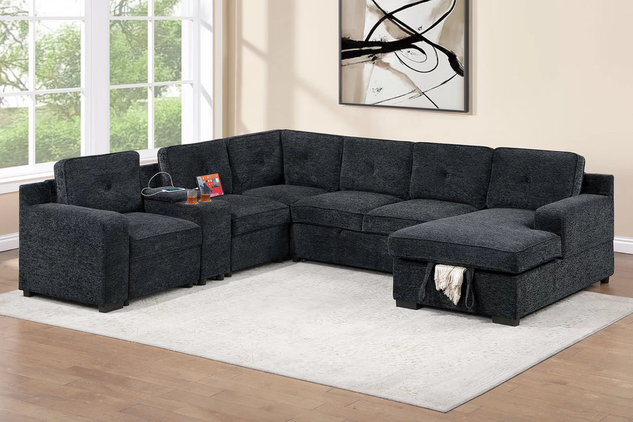 Seccional Delacroix Negro de Chenilla Convertible – 4 Piezas