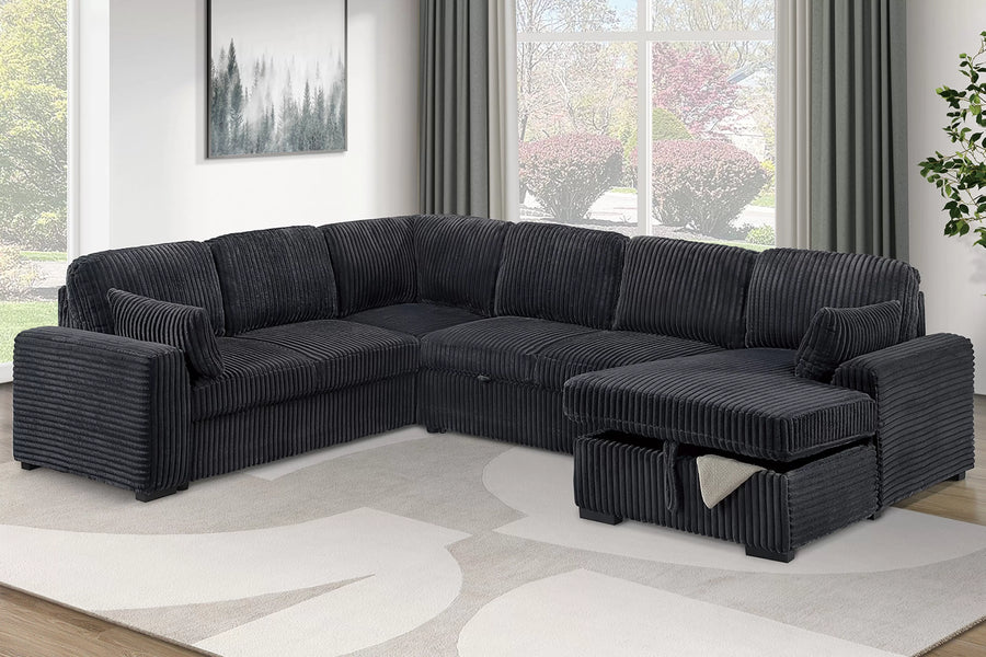 Seccional Winslow Negro de Pana Convertible – 4 Piezas