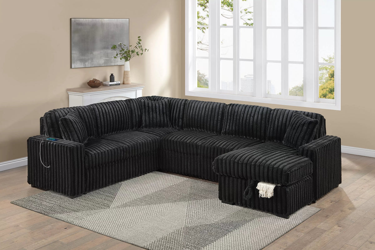 The Kingsley Onyx Jumbo Corduroy Convertible Sectional with USB – 4 Piece - view 3