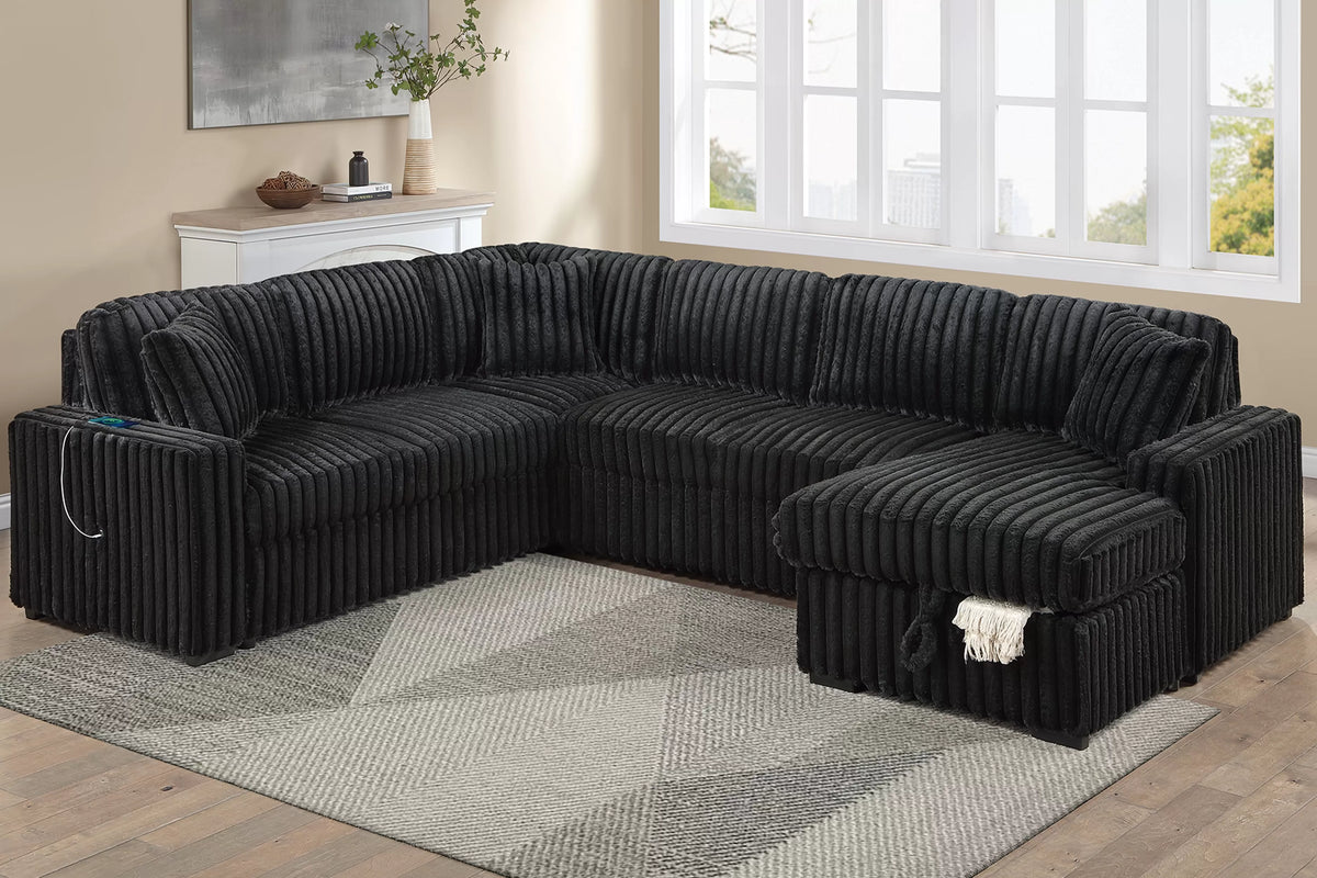 The Kingsley Onyx Jumbo Corduroy Convertible Sectional with USB – 4 Piece - view 1
