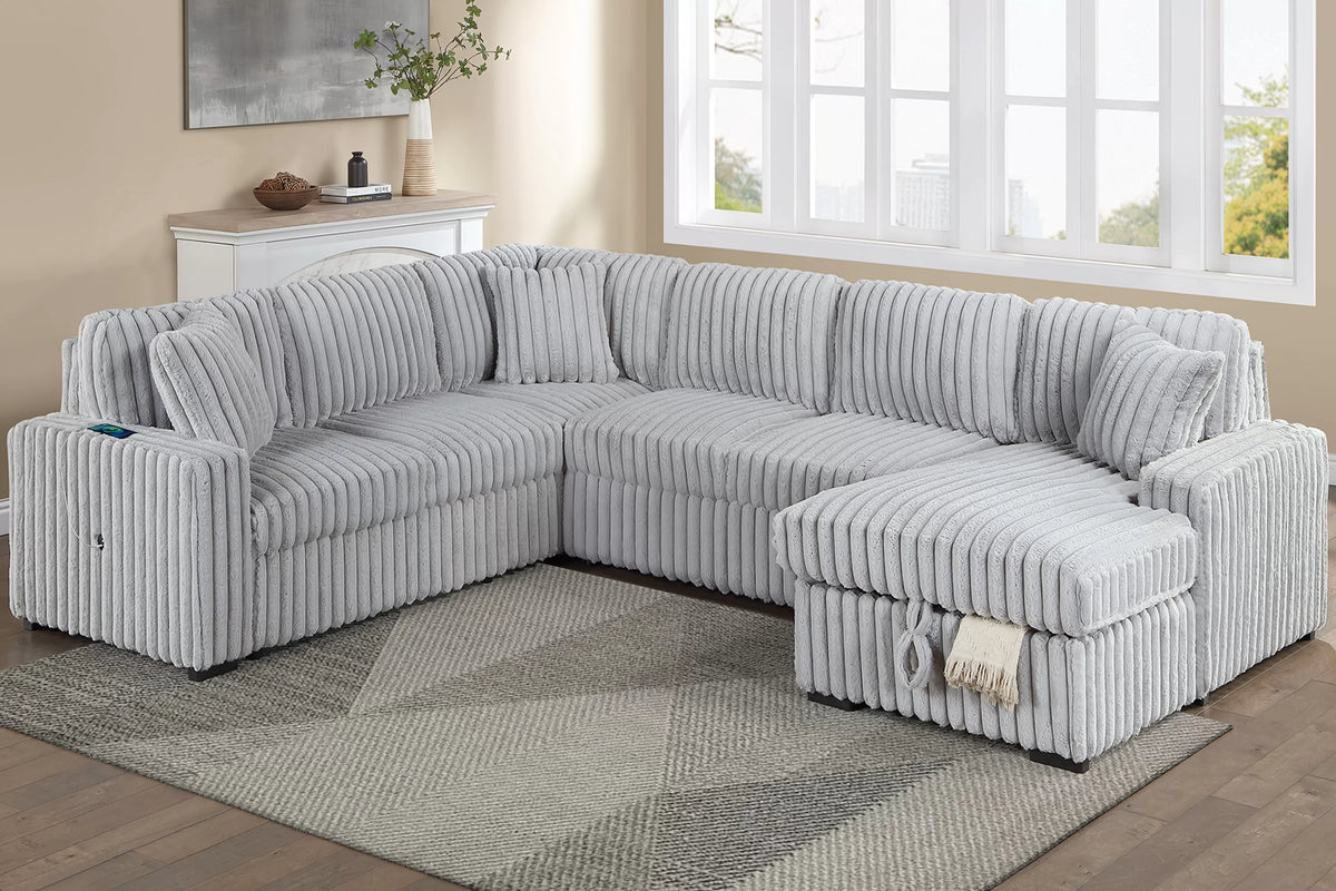 The Kingsley Mink Gray Jumbo Corduroy Convertible Sectional with USB – 4 Piece - view 1