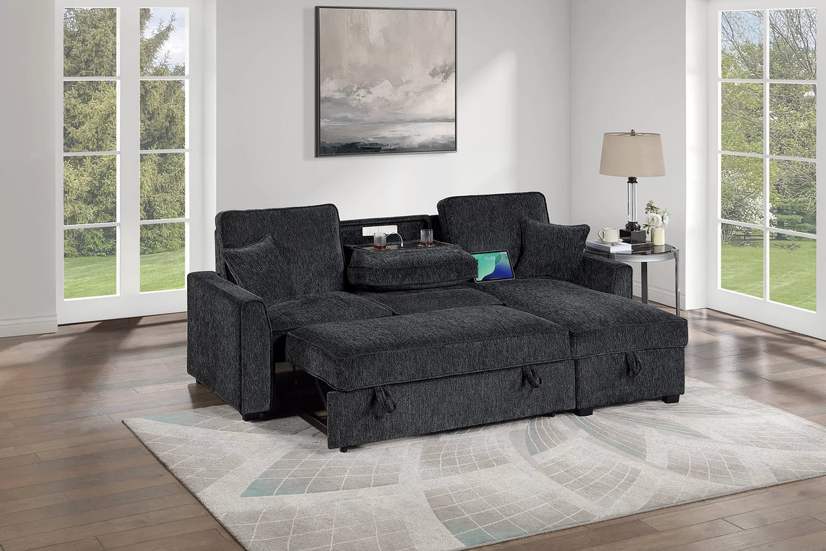 The Thackeray Black Chenille Convertible Sectional with Table & Wireless Charging – 2 Piece - view 2