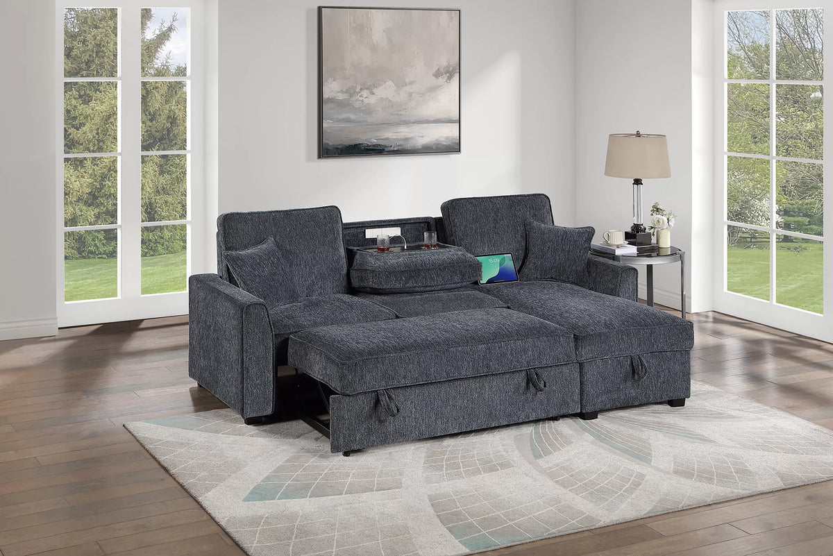 The Thackeray Gunmetal Chenille Convertible Sectional with Table & Wireless Charging – 2 Piece - view 2