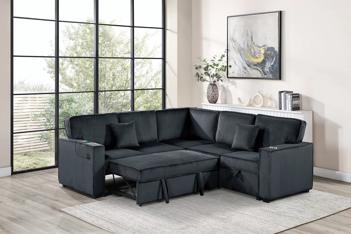 The Radcliffe Black Corduroy Convertible Sectional with USB – 3 Piece - view 2