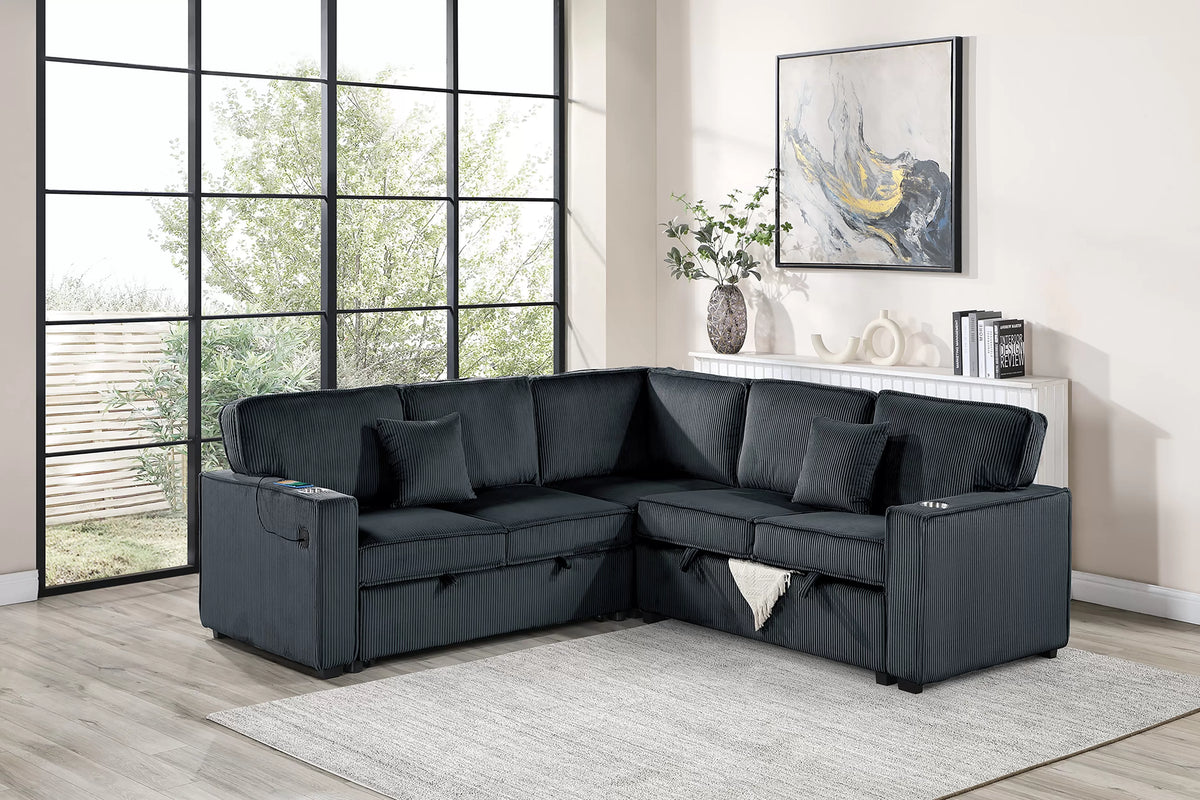 The Radcliffe Black Corduroy Convertible Sectional with USB – 3 Piece - view 3
