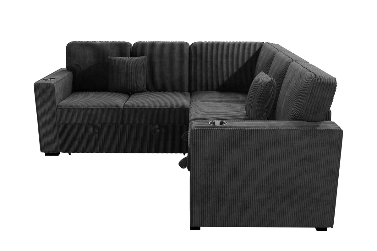 The Radcliffe Black Corduroy Convertible Sectional with USB – 3 Piece - view 5