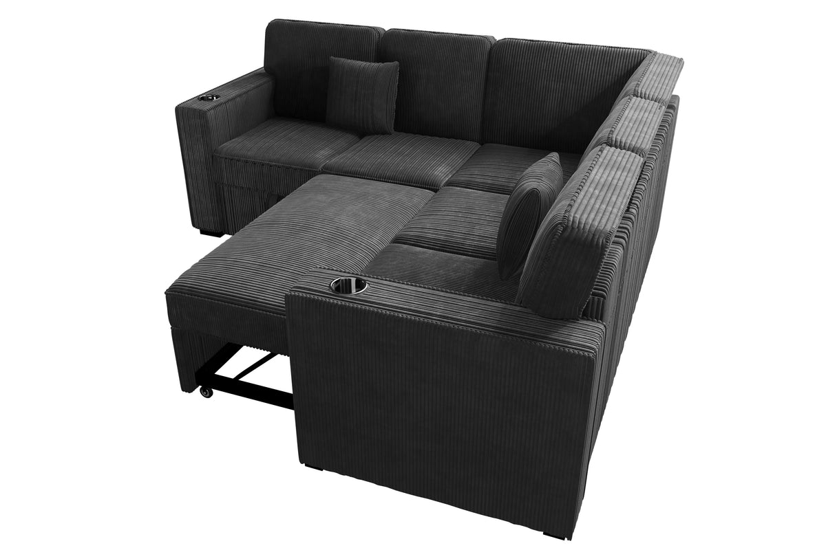 The Radcliffe Black Corduroy Convertible Sectional with USB – 3 Piece - view 6