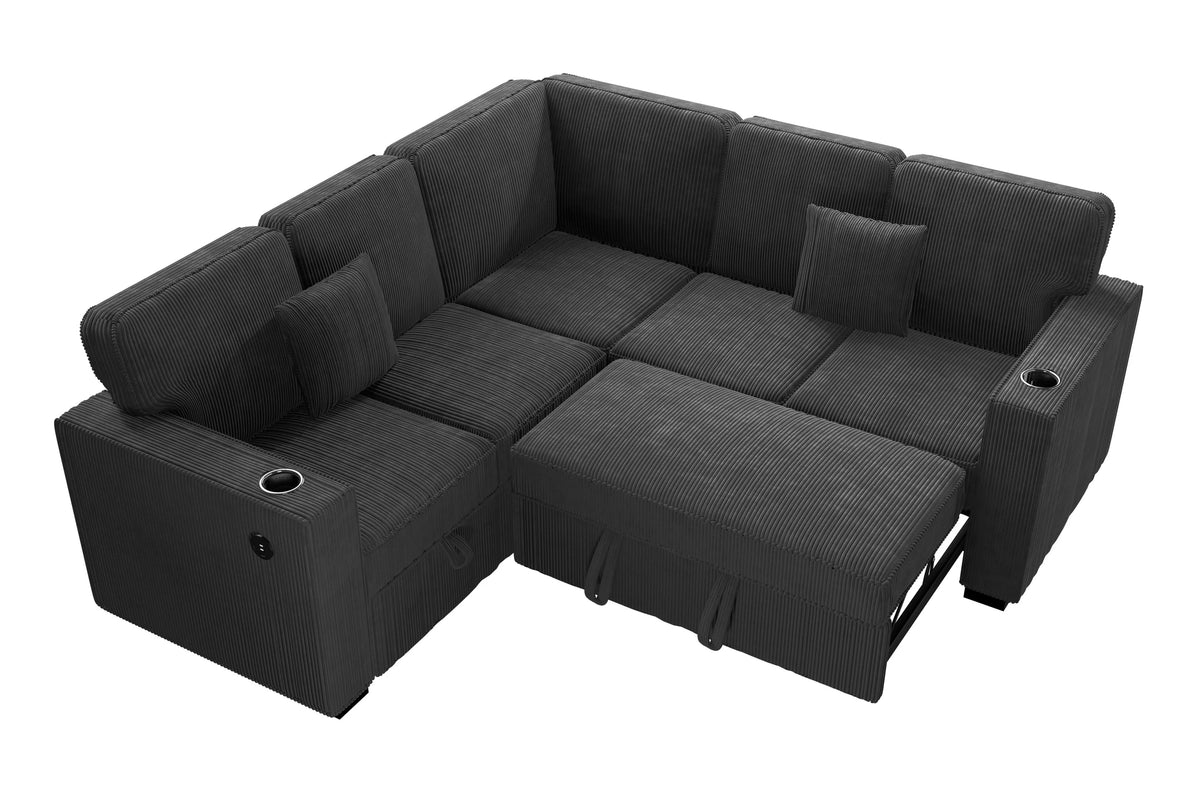 The Radcliffe Black Corduroy Convertible Sectional with USB – 3 Piece - view 7