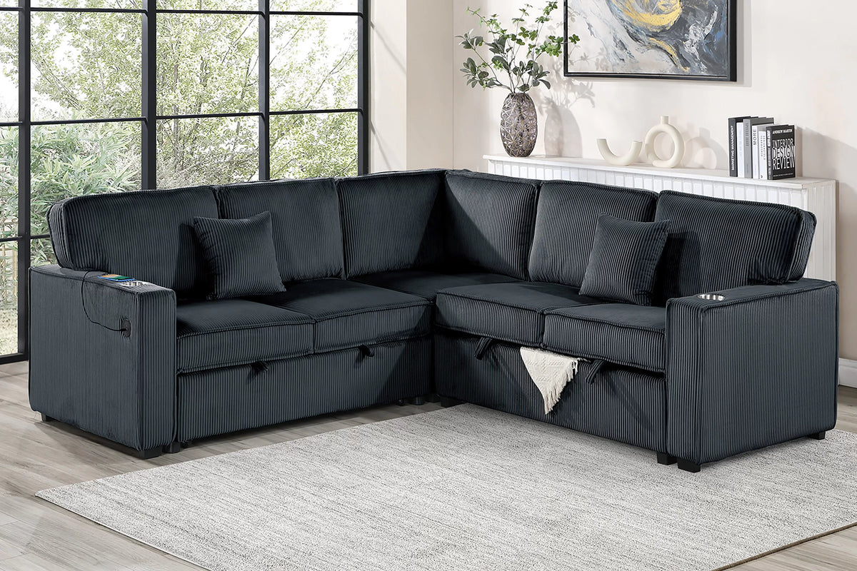 The Radcliffe Black Corduroy Convertible Sectional with USB – 3 Piece - view 1