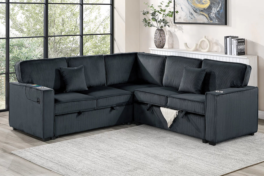 The Radcliffe Black Corduroy Convertible Sectional with USB – 3 Piece