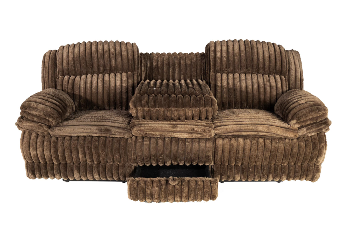 The Quimby Chocolate Corduroy Manual Recliner Sofa with Fold-Down Table - view 5