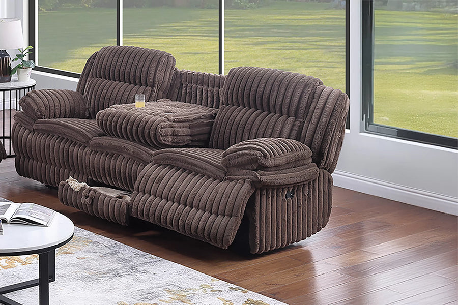 The Quimby Chocolate Corduroy Manual Recliner Sofa with Fold-Down Table