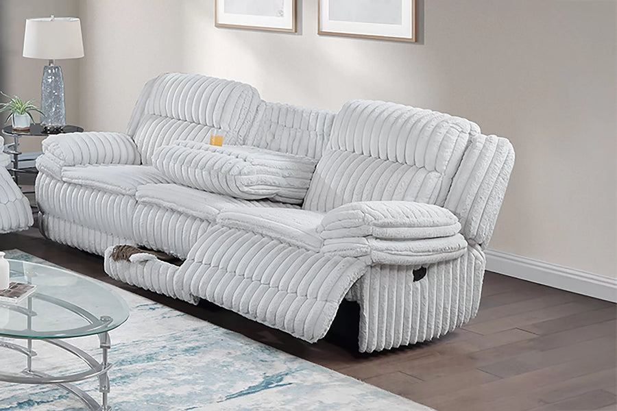 The Quimby Light Gray Corduroy Manual Recliner Sofa with Fold-Down Table