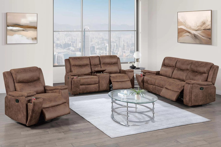 The Remington Walnut Leather-Like Manual Motion Living Room Set – 3 Piece