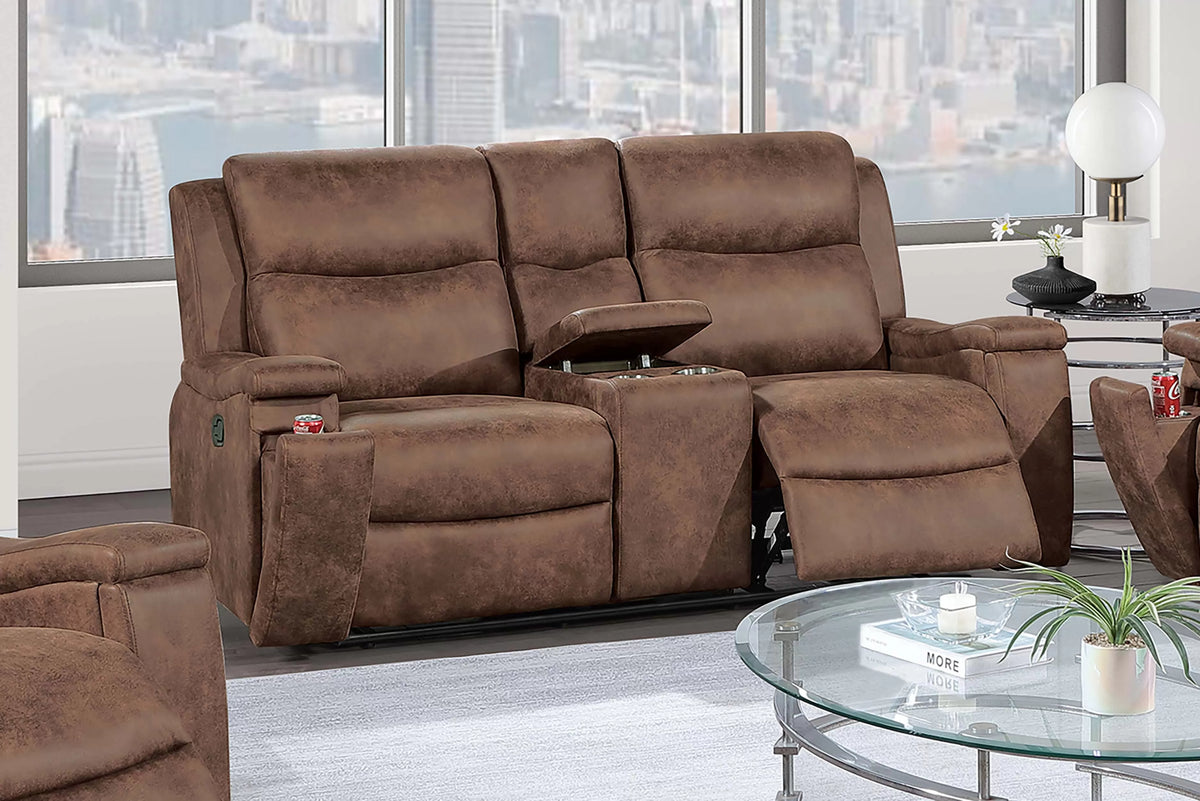 The Remington Walnut Leather-Like Manual Recliner Loveseat with Console - view 1
