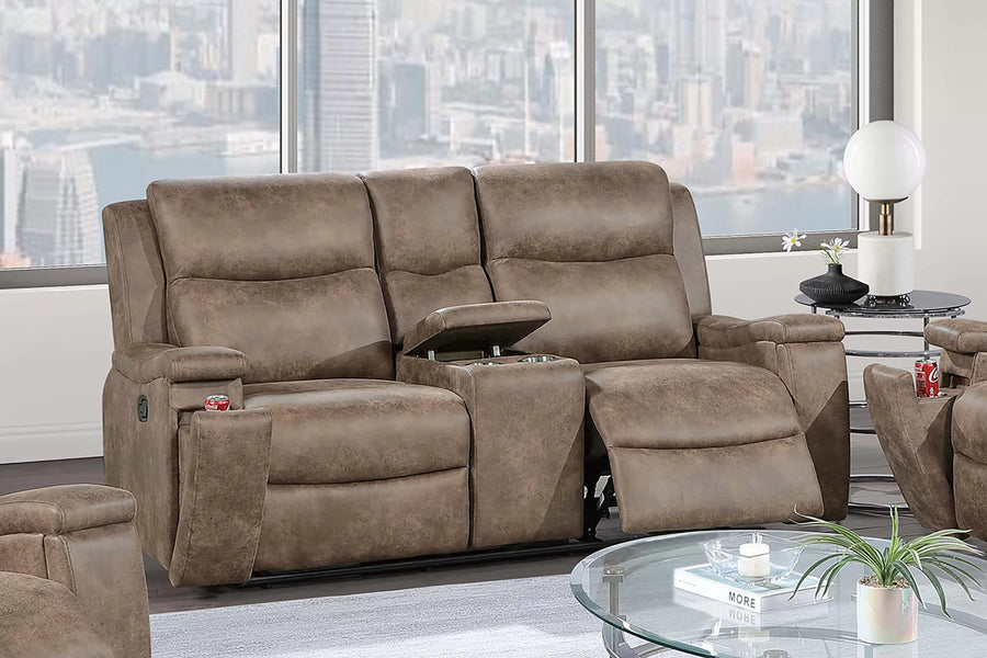 The Remington Auburn Leather-Like Manual Recliner Loveseat with Console