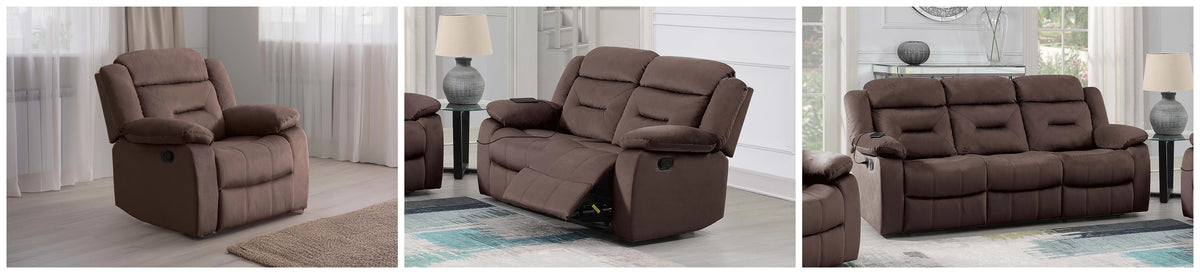 The Aldric Chocolate Velvet Manual Motion Living Room Set – 3 Piece