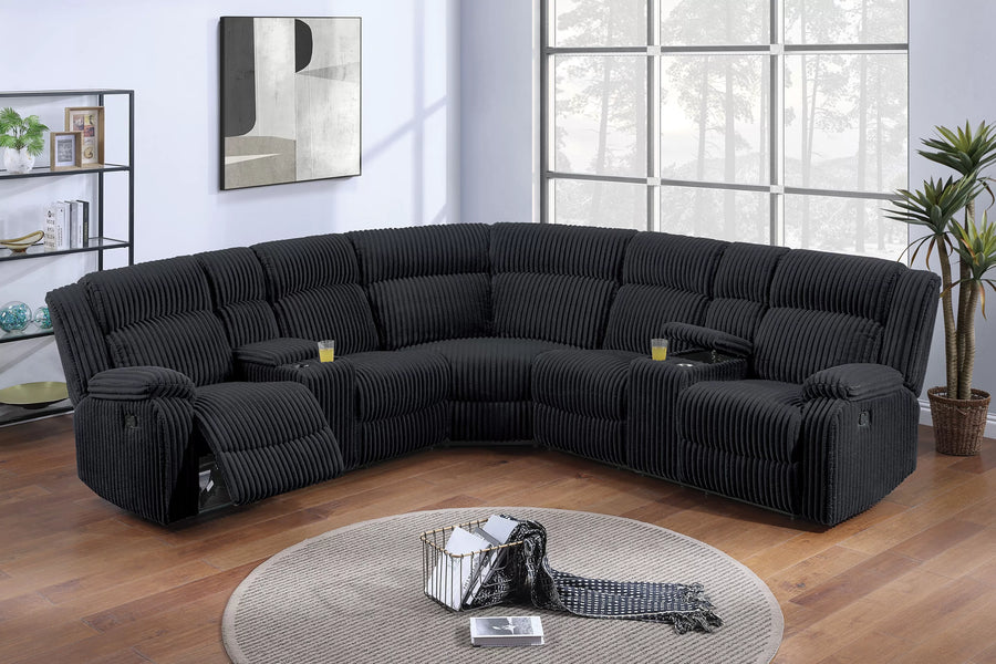 The Prescott Black Corduroy Manual Motion Sectional – 3 Piece